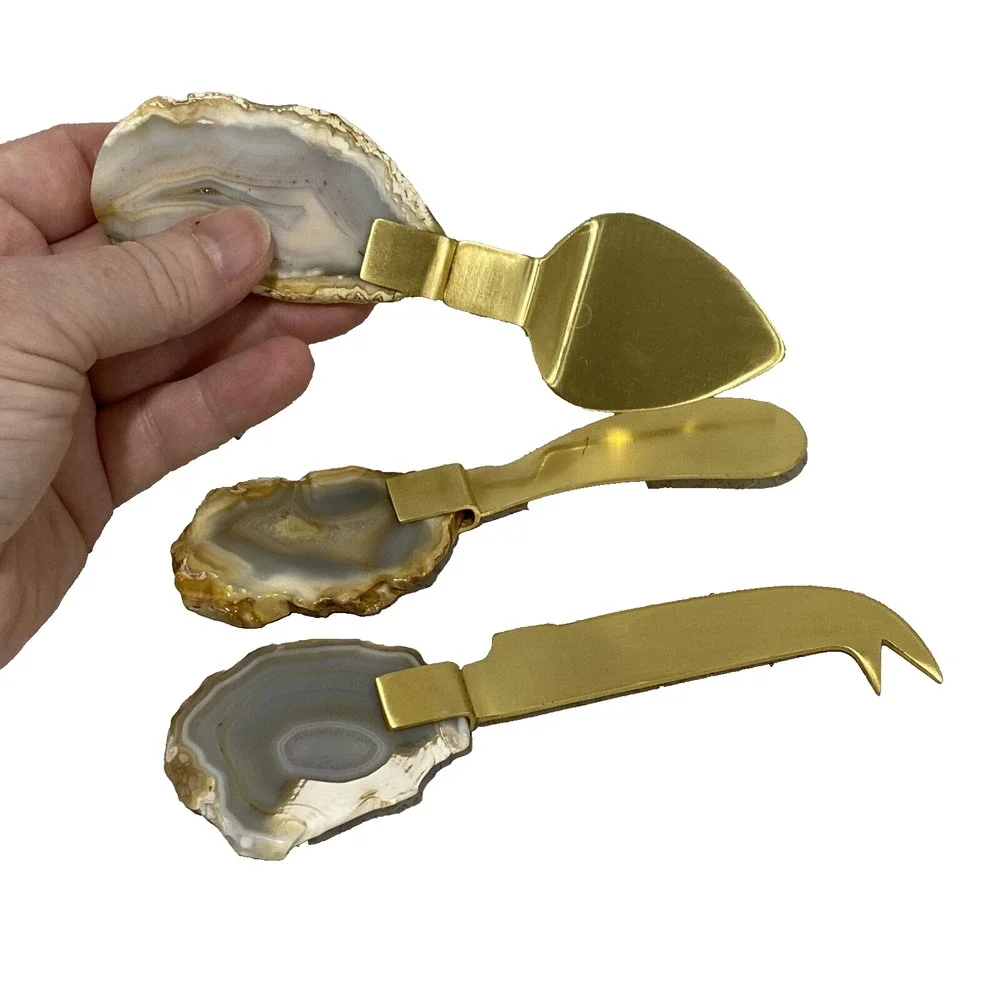 Lustrous Goldtone Metal & Raw Edge Agate Handles 3-pc Spreader Server Set Cheese